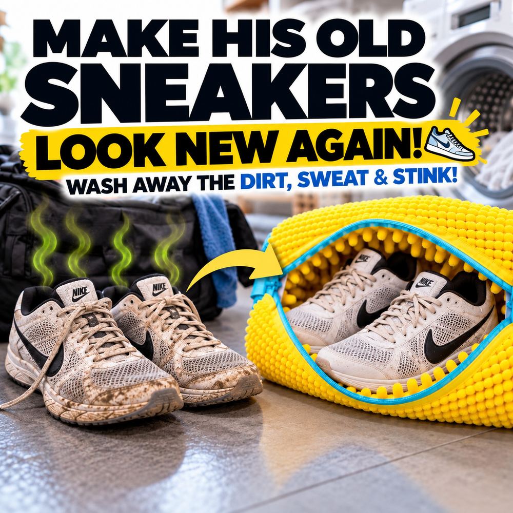 Muddy Nike sneakers with odour lines beside a gym bag, an arrow pointing to the same pair zipped inside the yellow FreshKicks bag, captioned Make his old sneakers look new again