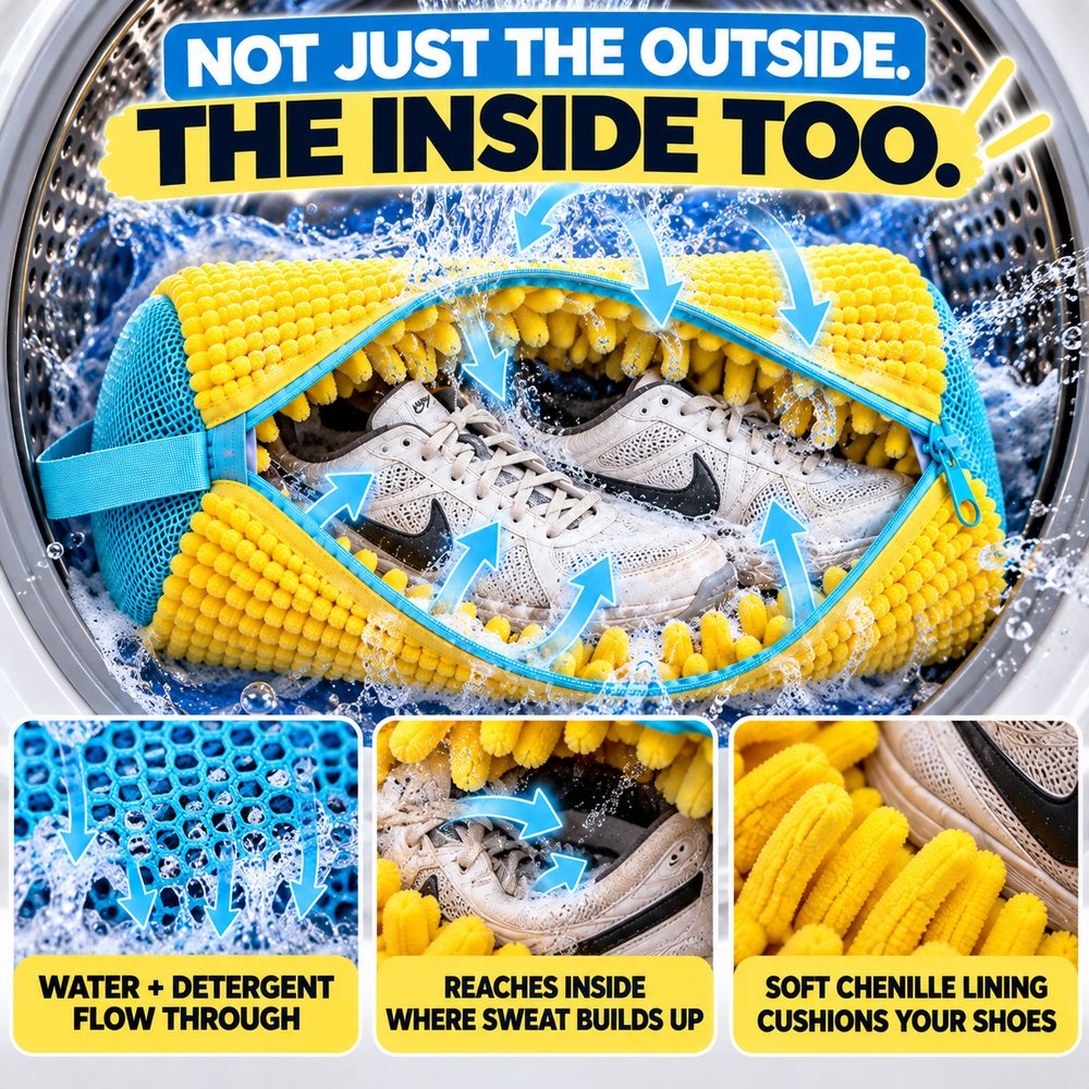 The wash bag inside a washing machine drum surrounded by water, arrows showing water flowing through into the sneakers, captioned Not just the outside. The inside too.