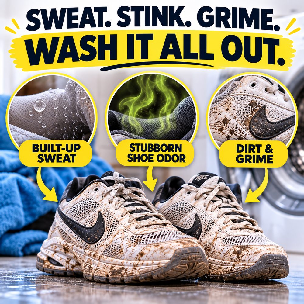 Muddy sneakers with three circled close-ups labelled built-up sweat, stubborn shoe odor and dirt and grime, captioned Sweat. Stink. Grime. Wash it all out.