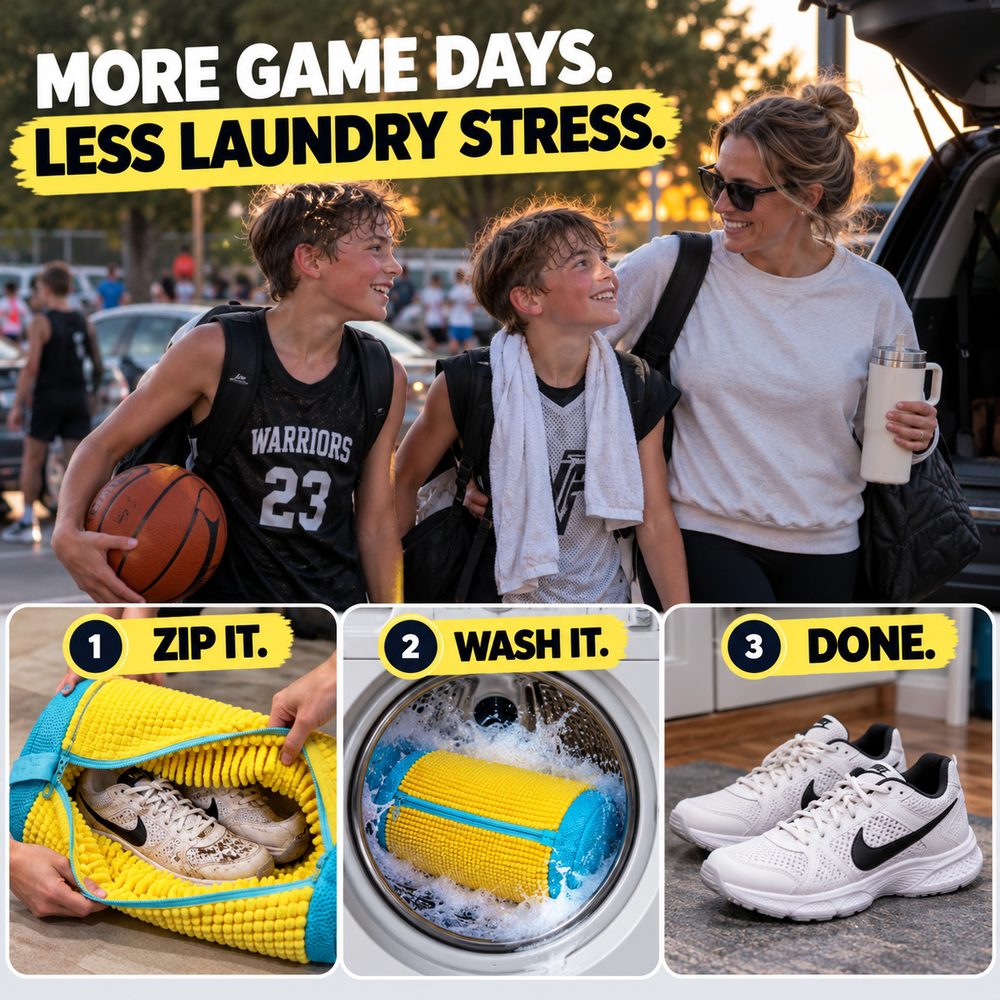 A mother and two boys after a game above three steps: zip the sneakers into the bag, wash it in the machine, and a clean pair afterwards. Captioned More game days. Less laundry stress.