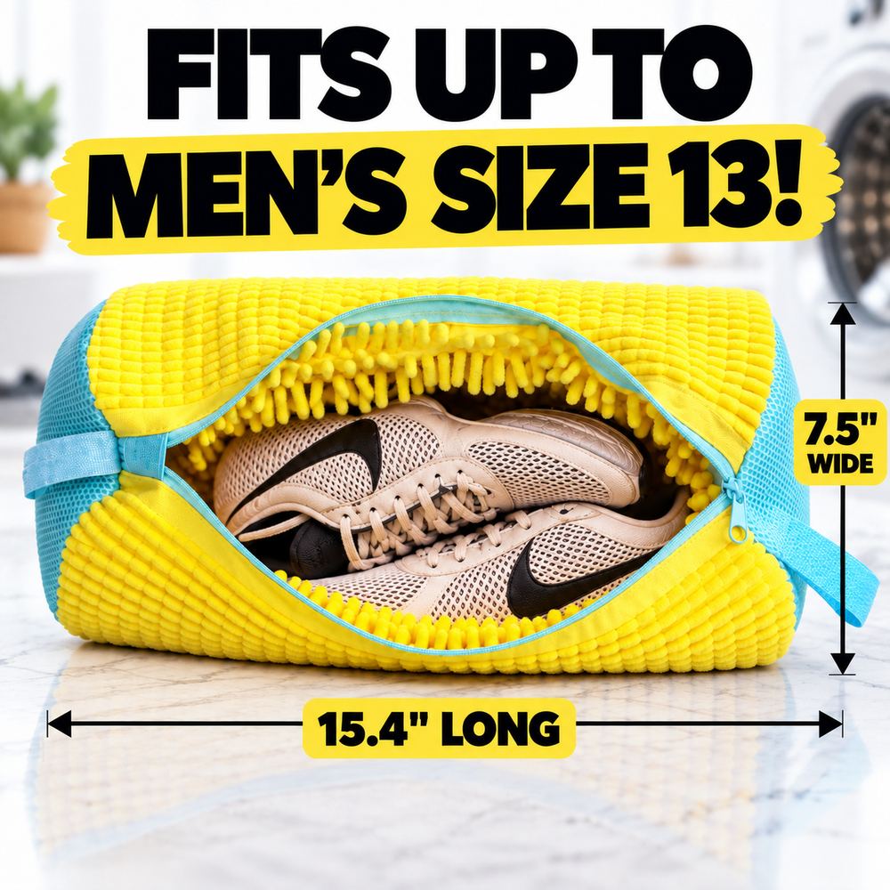 The open FreshKicks bag with a pair of sneakers inside, dimension arrows reading 15.4 inches long and 7.5 inches wide, captioned fits up to men's size 13