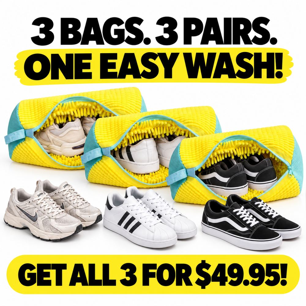 Three FreshKicks bags each holding a different pair of sneakers, captioned three bags, three pairs, one easy wash, get all three for $49.95