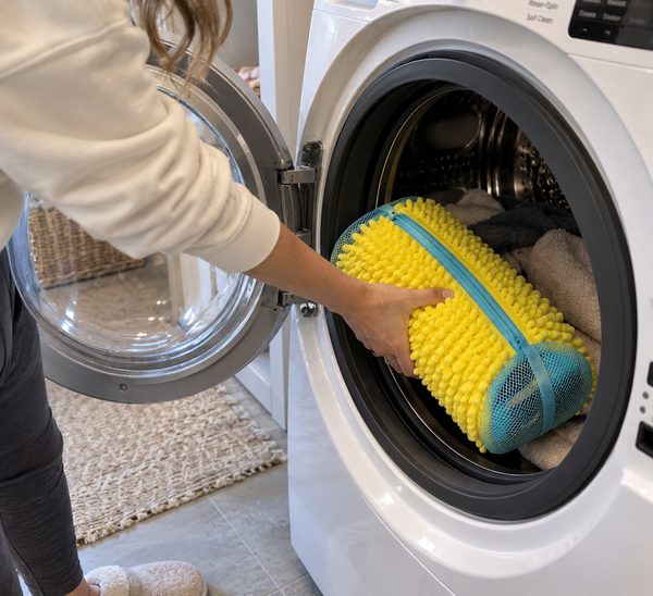 A woman placing the zipped yellow FreshKicks bag into a front-load washing machine alongside towels
