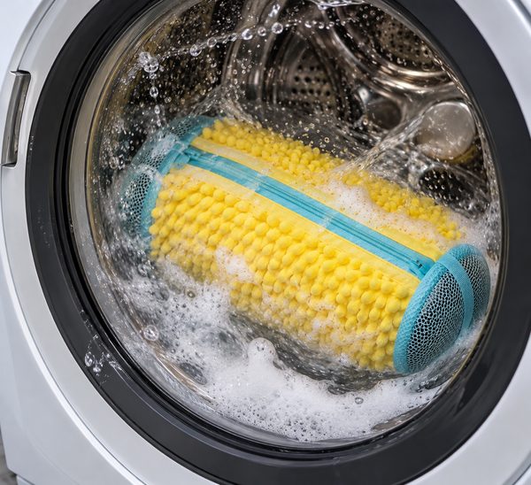 The zipped yellow FreshKicks bag tumbling in a washing machine drum surrounded by water and suds