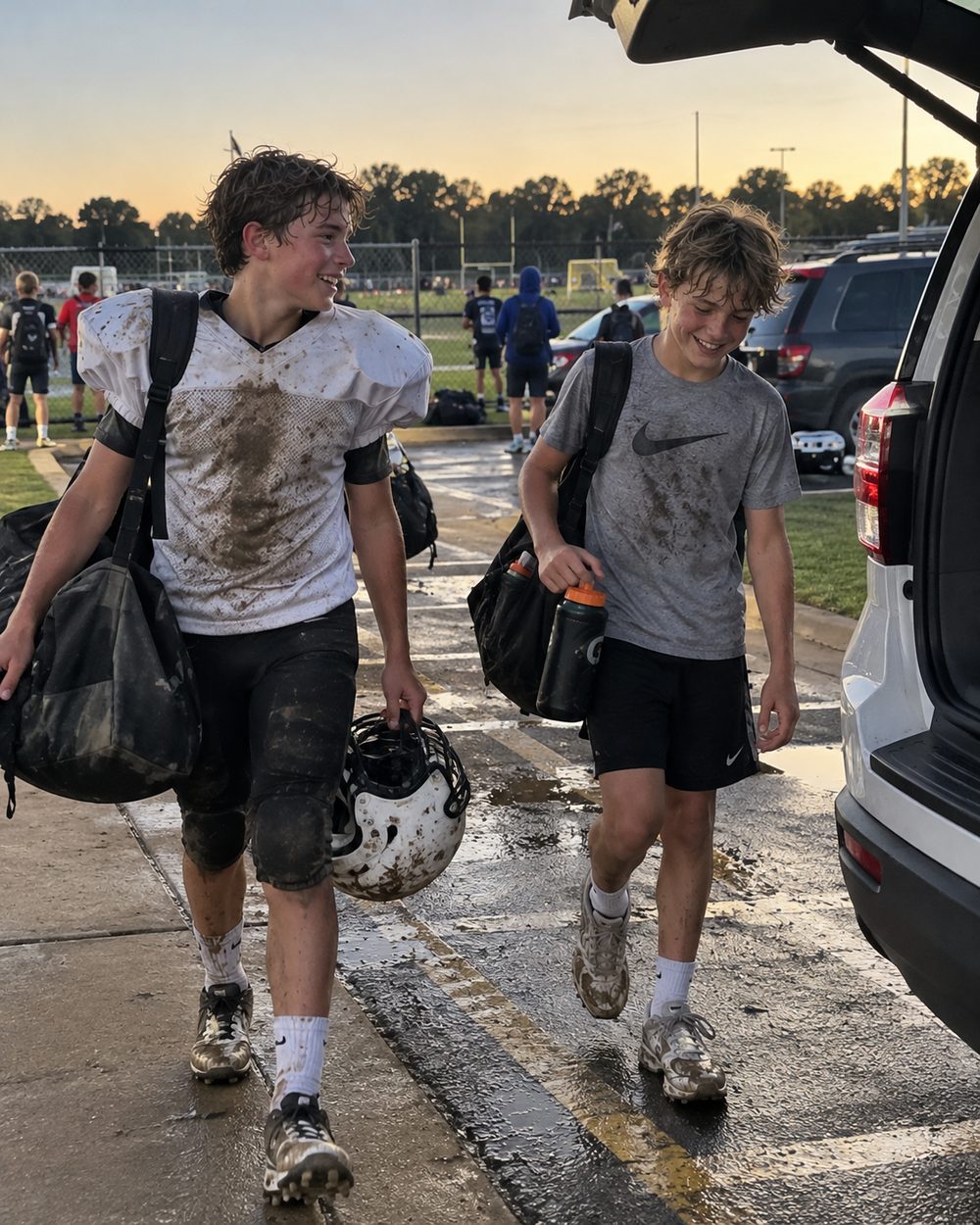 Two muddy teenage boys in football gear walking back to the car after practice at sunset