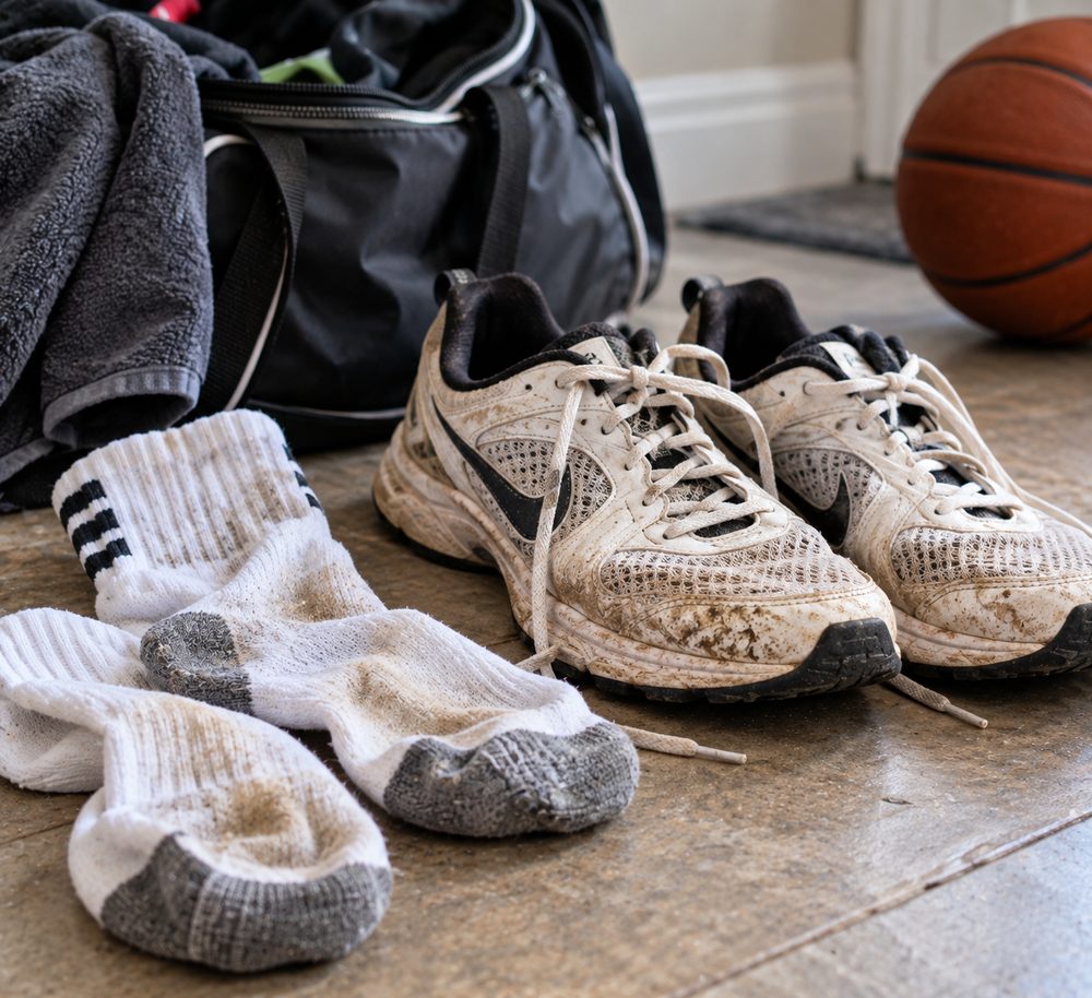 A gym bag, dirty socks and muddy sneakers on the floor by the door