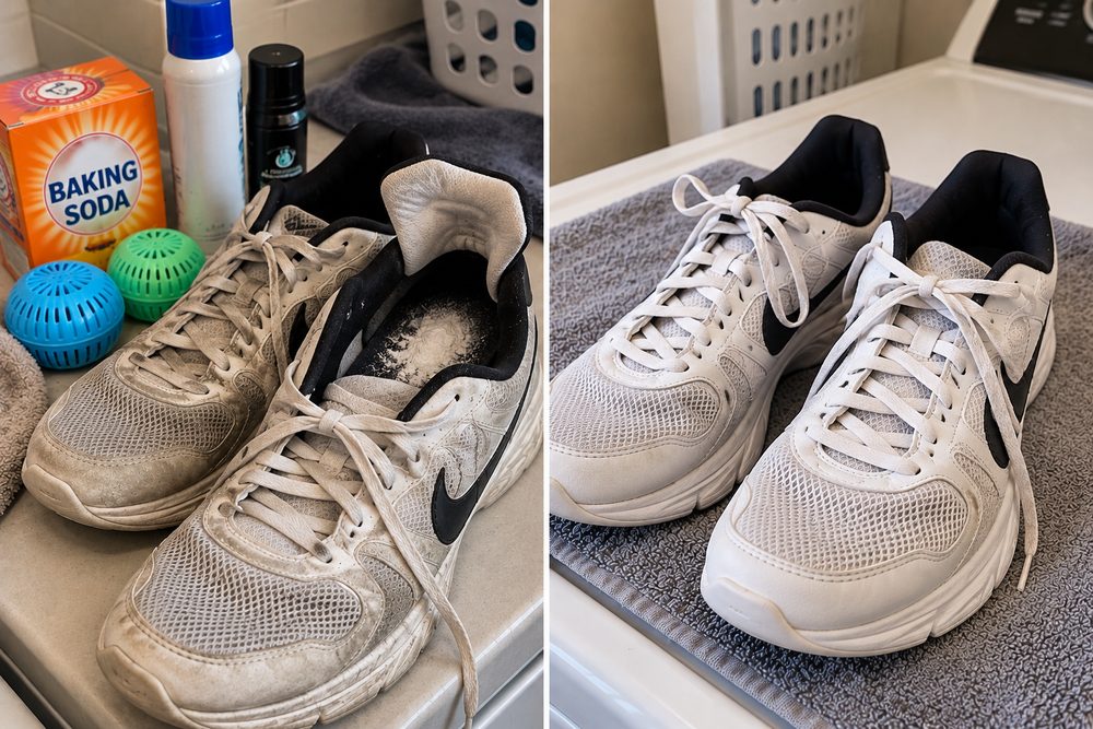 Side by side: grubby sneakers beside baking soda, spray and deodorizer balls on the left, the same pair clean on the right