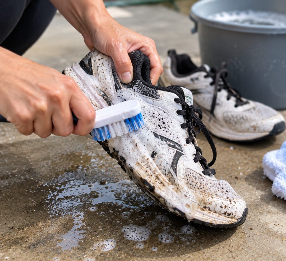 Hands scrubbing the outside of a muddy sneaker with a brush and soapy water