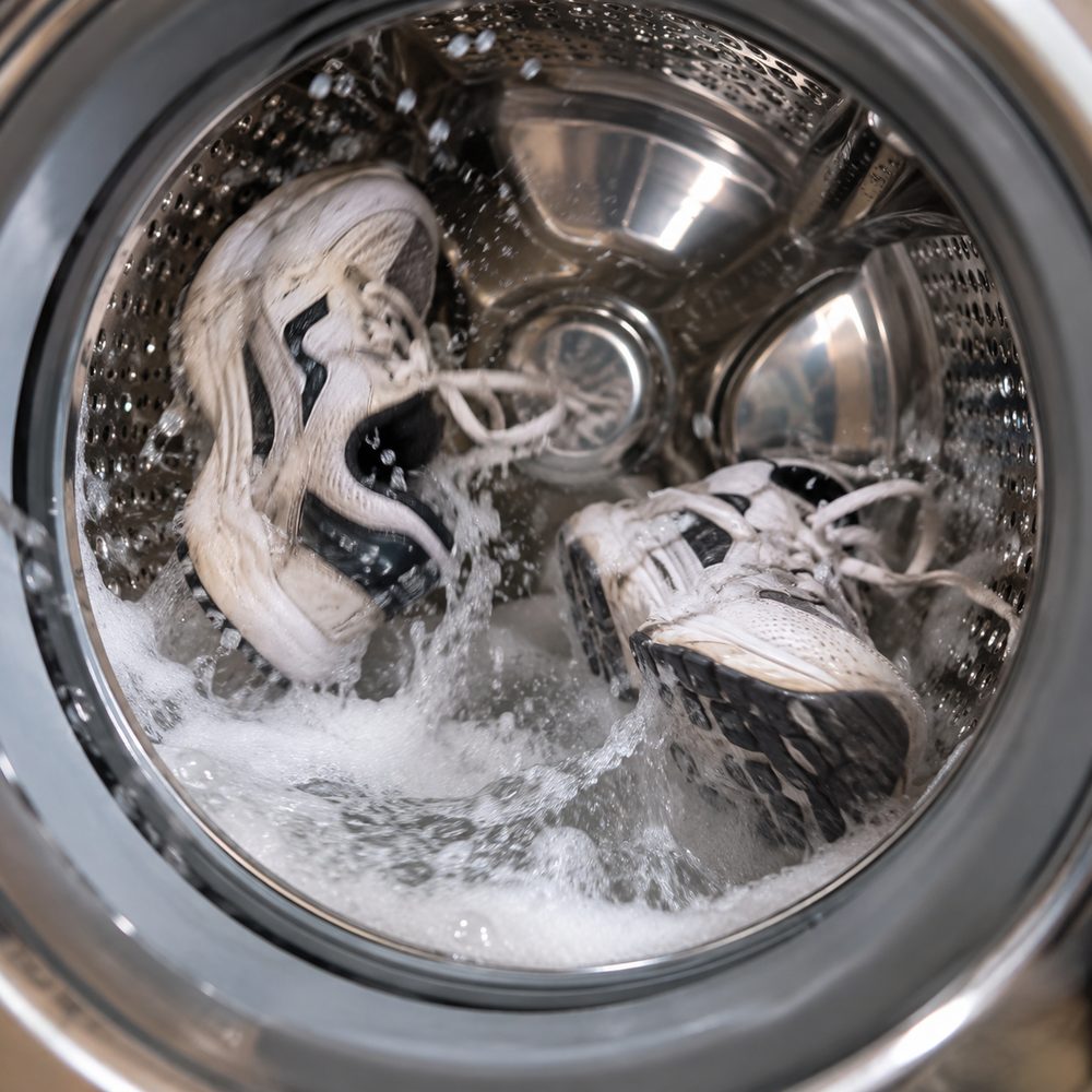 Two sneakers tumbling loose inside a front-loading washing machine drum full of suds