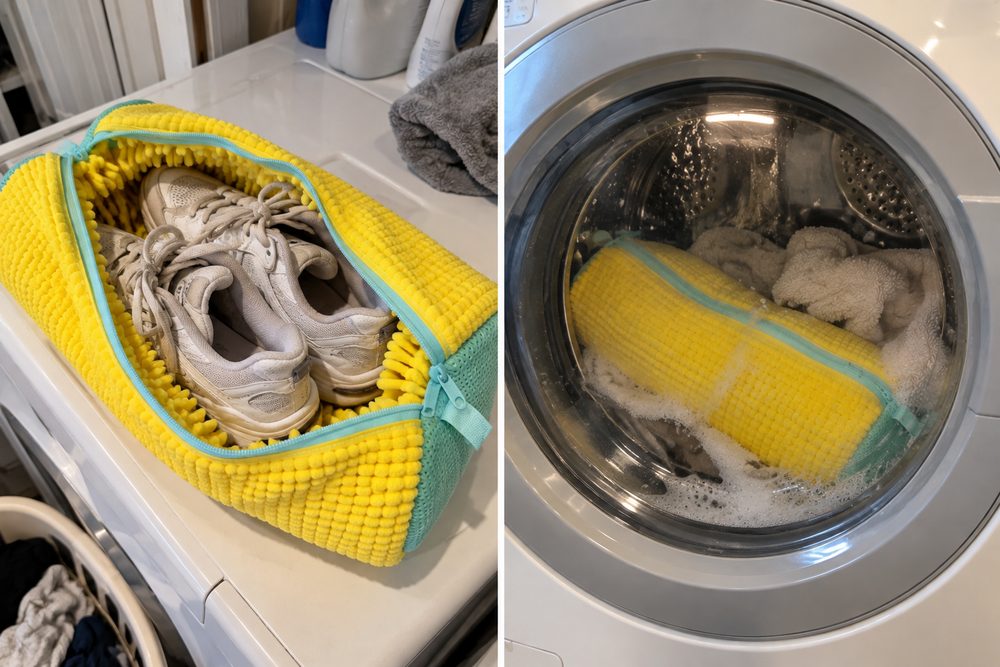 Sneakers inside a yellow cushioned wash bag, and the zipped bag tumbling in the washing machine with towels