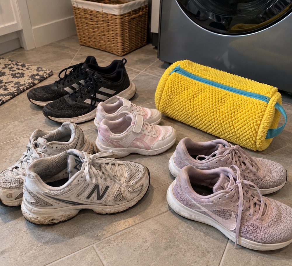 Four different pairs of sneakers on a laundry room floor next to the yellow shoe wash bag and the washing machine