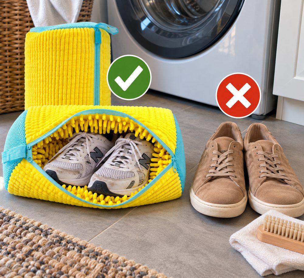Mesh sneakers zipped inside the yellow wash bag marked with a green check, and a pair of suede shoes beside a brush marked with a red cross