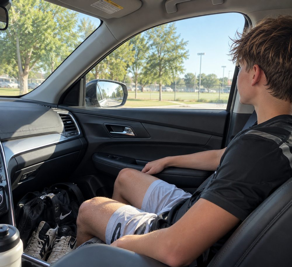 Teenage boy in the passenger seat on the drive home from practice, sports bag and sneakers in the footwell