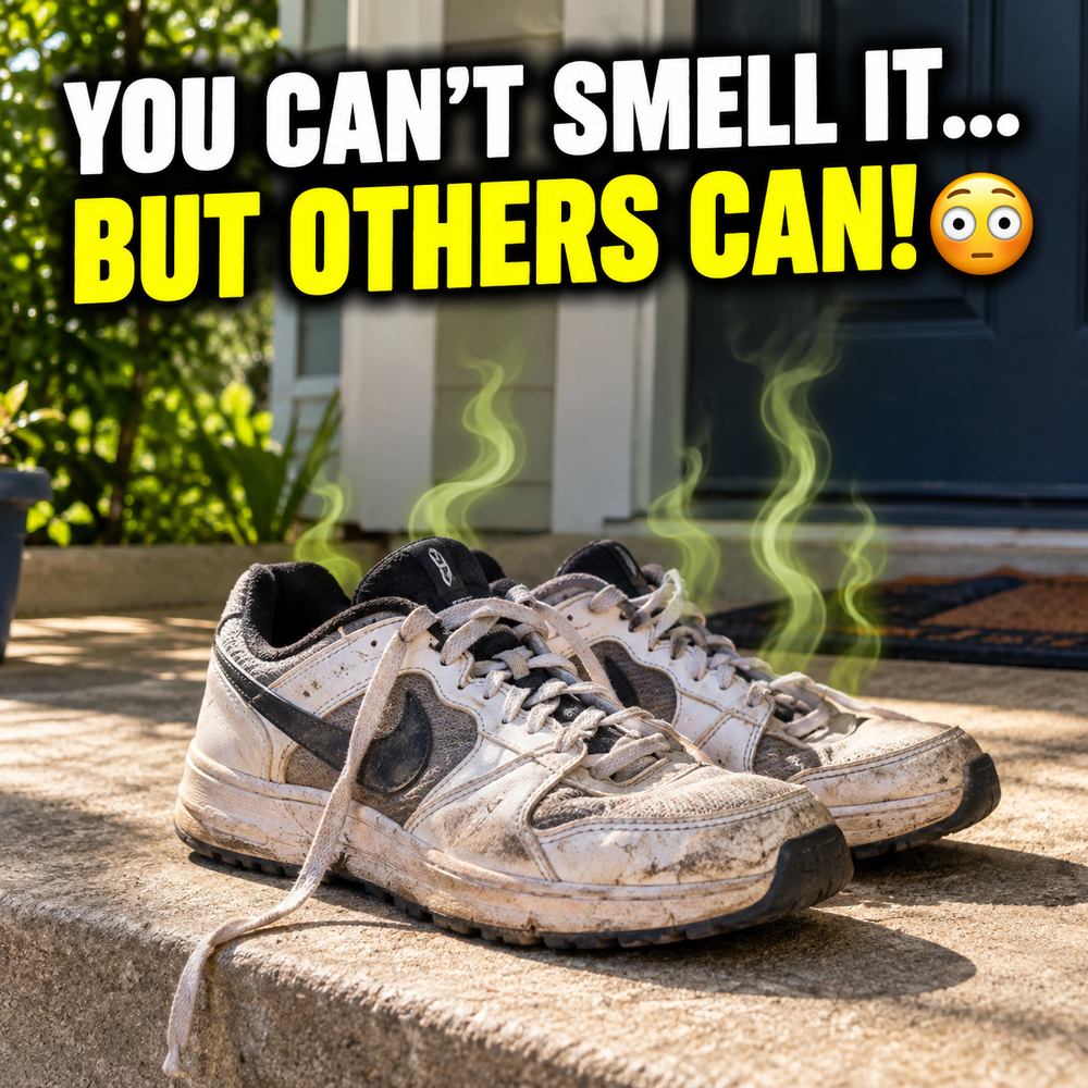 A pair of worn sneakers sitting on the front step with stink lines rising off them