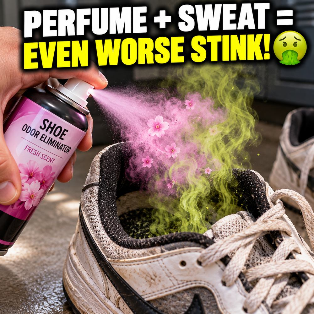 A can of floral shoe odour spray being sprayed into a worn sneaker, the pink mist meeting green stink rising out of it