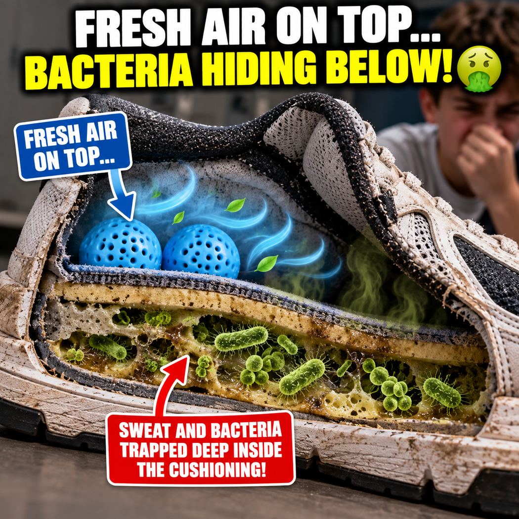 Cutaway of a sneaker showing two deodorizer balls freshening the air above the insole while sweat and bacteria sit trapped in the cushioning below, with a teenager holding his nose in the background