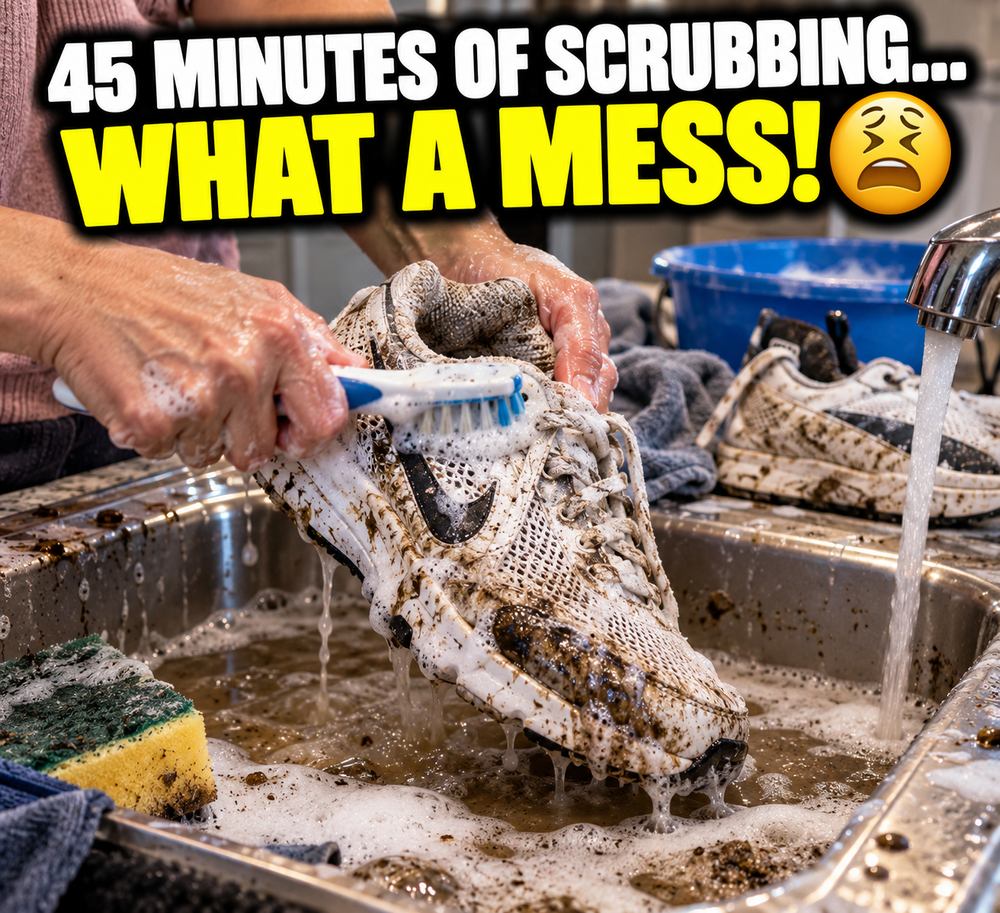 Hands scrubbing a muddy sneaker with a toothbrush over a sink full of dirty foam, a second shoe waiting under the tap