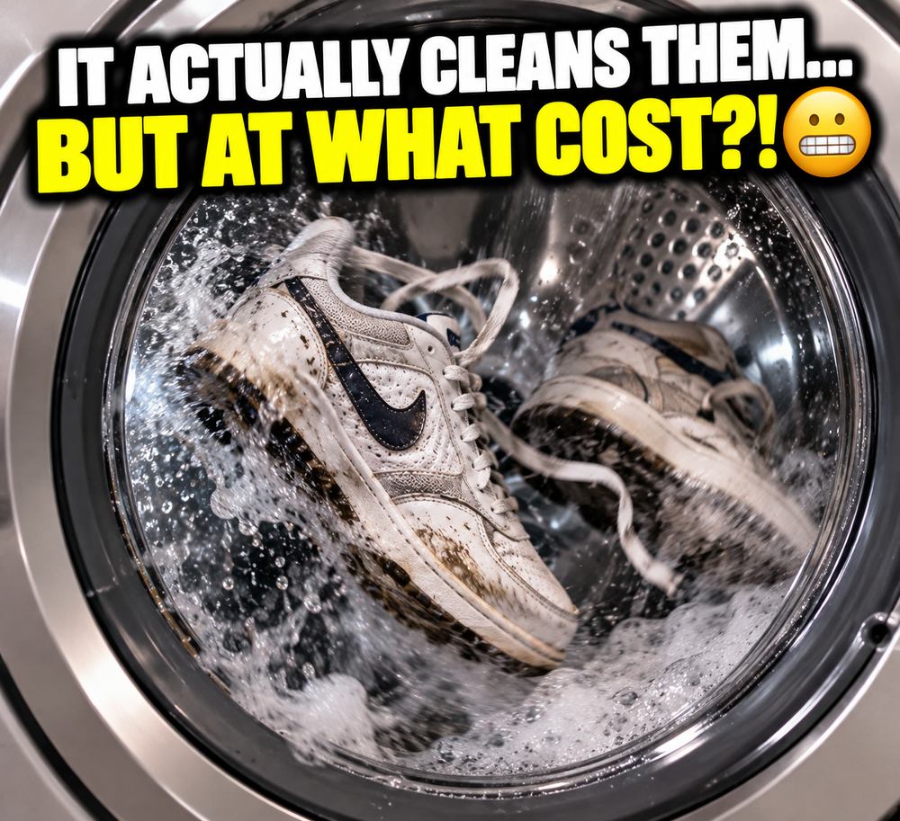 Two sneakers tumbling loose inside a washing machine drum, water and foam spraying around them