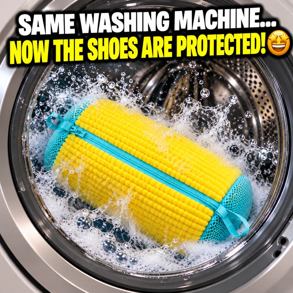 The zipped FreshKicks bag tumbling safely inside a washing machine drum, surrounded by water and foam