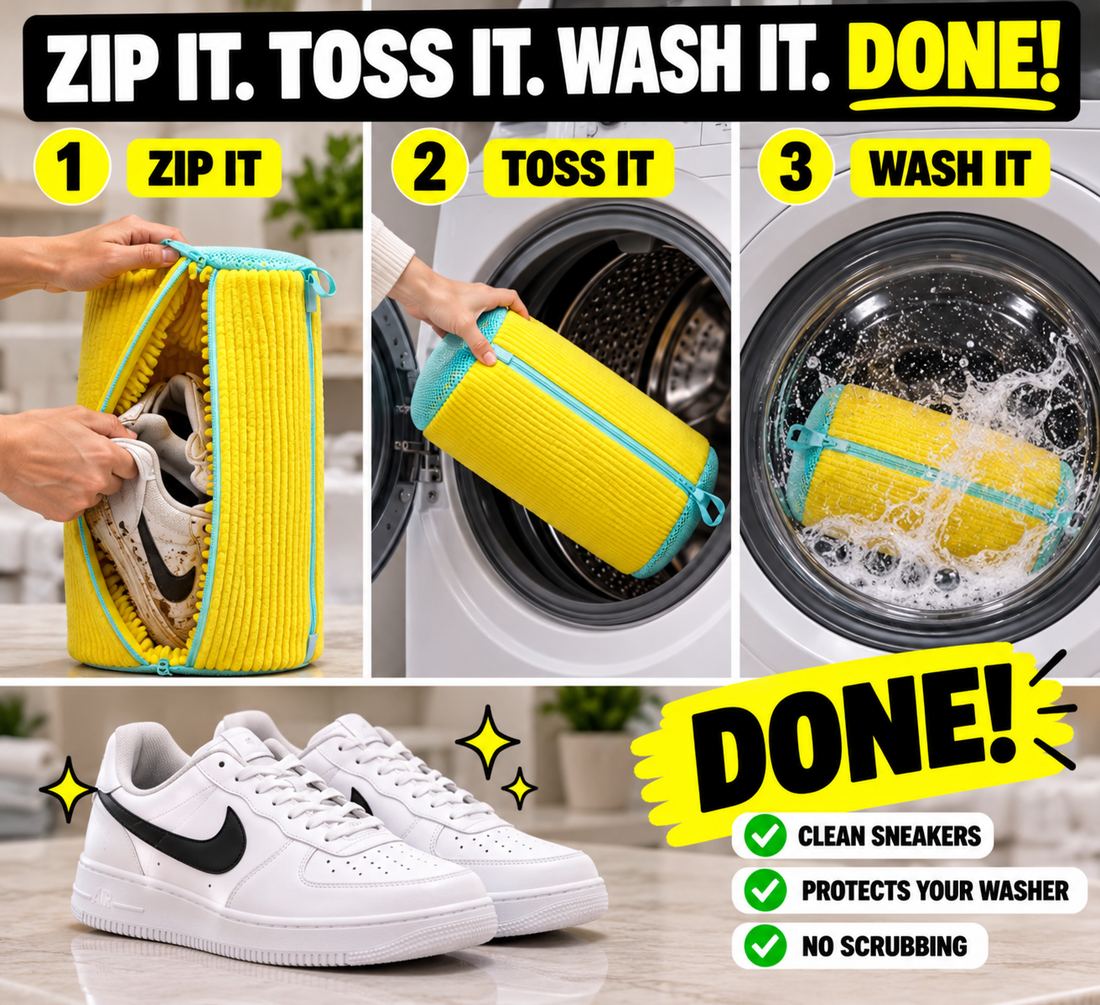 Three steps: zipping sneakers into the FreshKicks bag, tossing it into the washing machine, and the bag tumbling in the drum, with clean white sneakers below