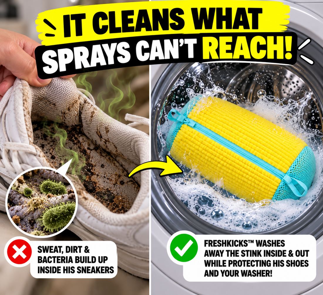 Left: sweat, dirt and bacteria built up inside a sneaker. Right: the FreshKicks bag washing in the machine drum