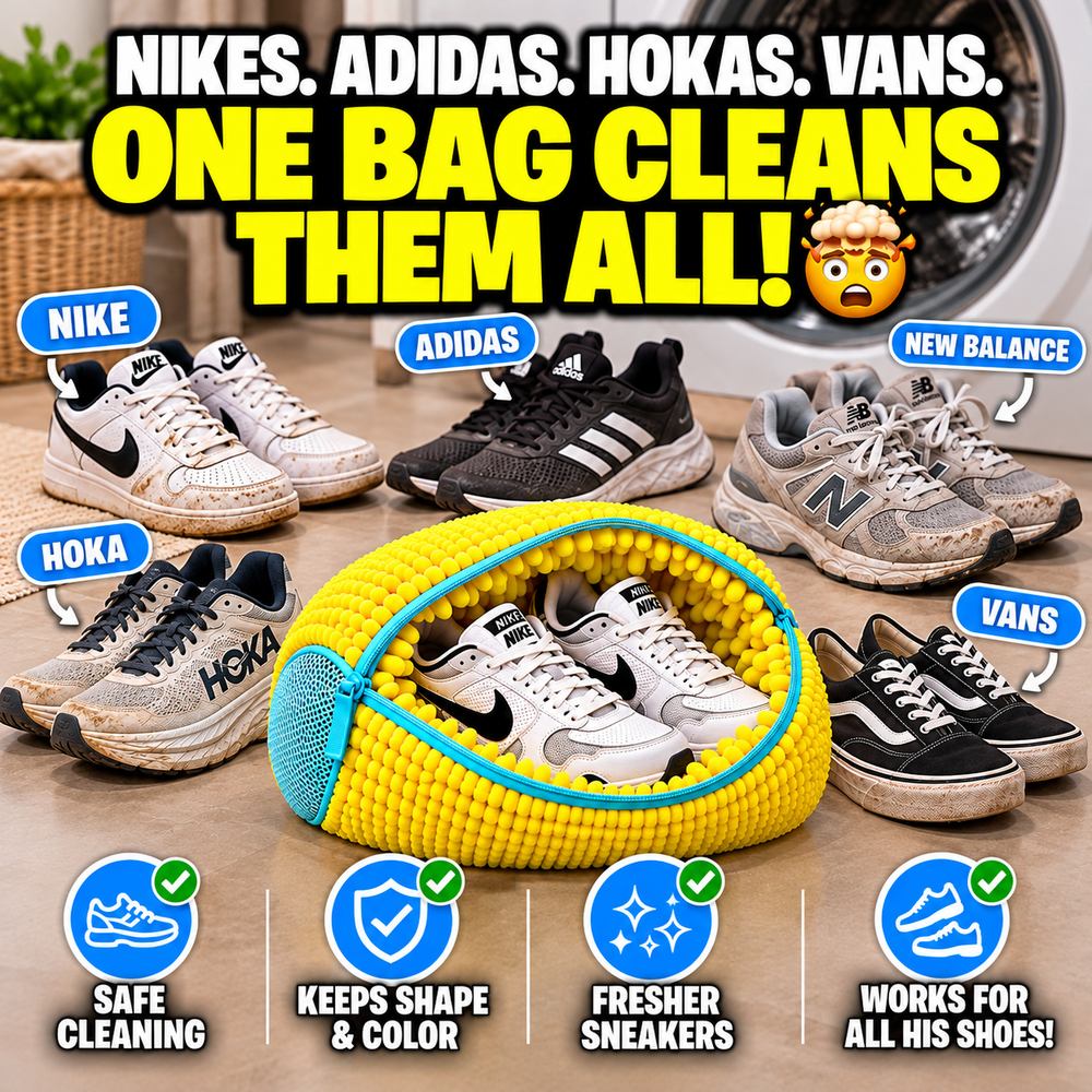 Nike, Adidas, New Balance, Hoka and Vans sneakers arranged around the FreshKicks bag in front of a washing machine
