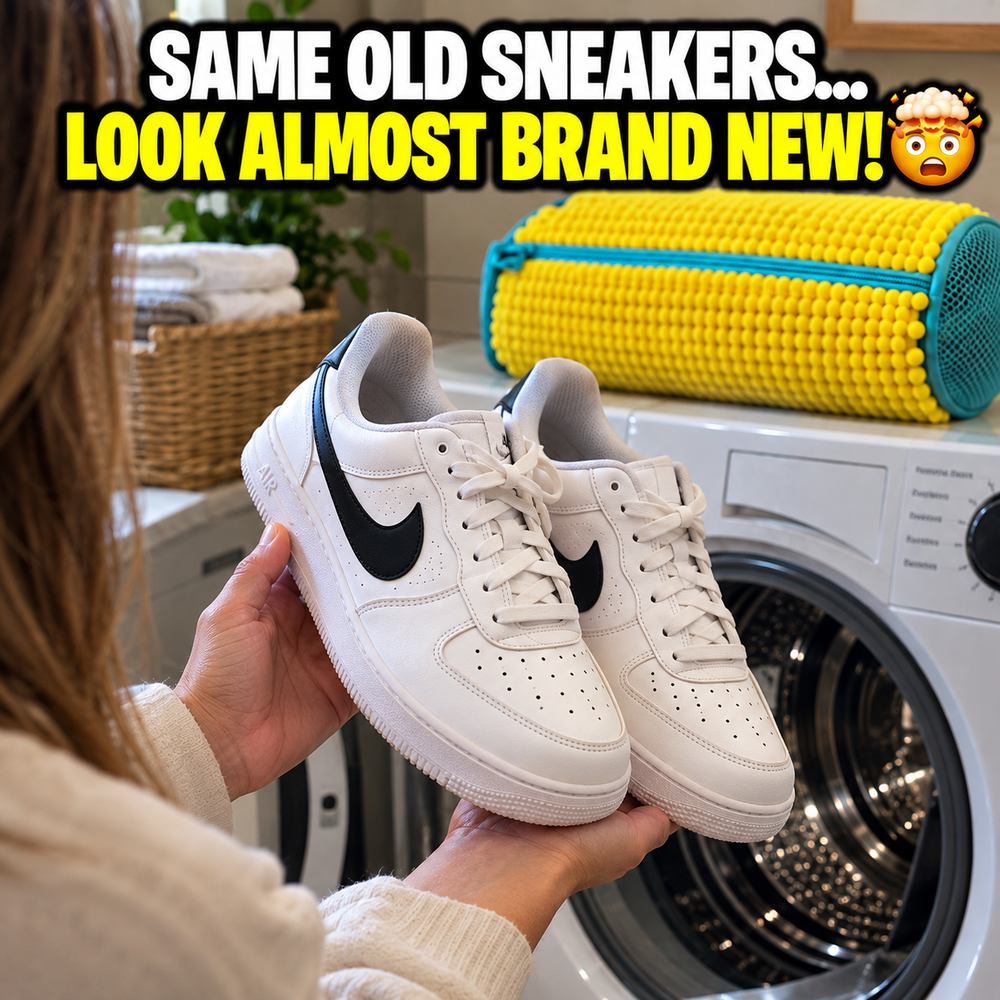 A mom holding up a pair of clean white sneakers in front of the washing machine, with the FreshKicks bag resting on top