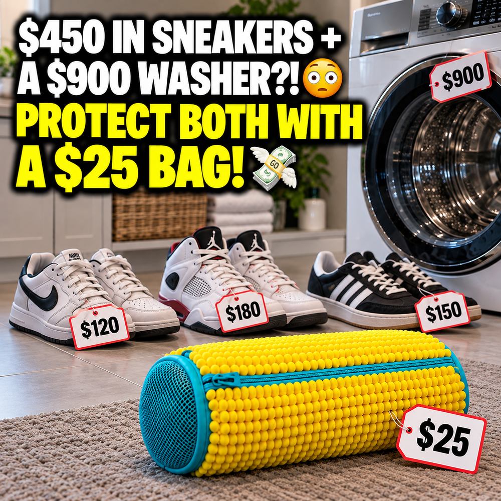 Three pairs of sneakers with $120, $180 and $150 price tags beside a washing machine tagged $900, and the FreshKicks bag tagged $25