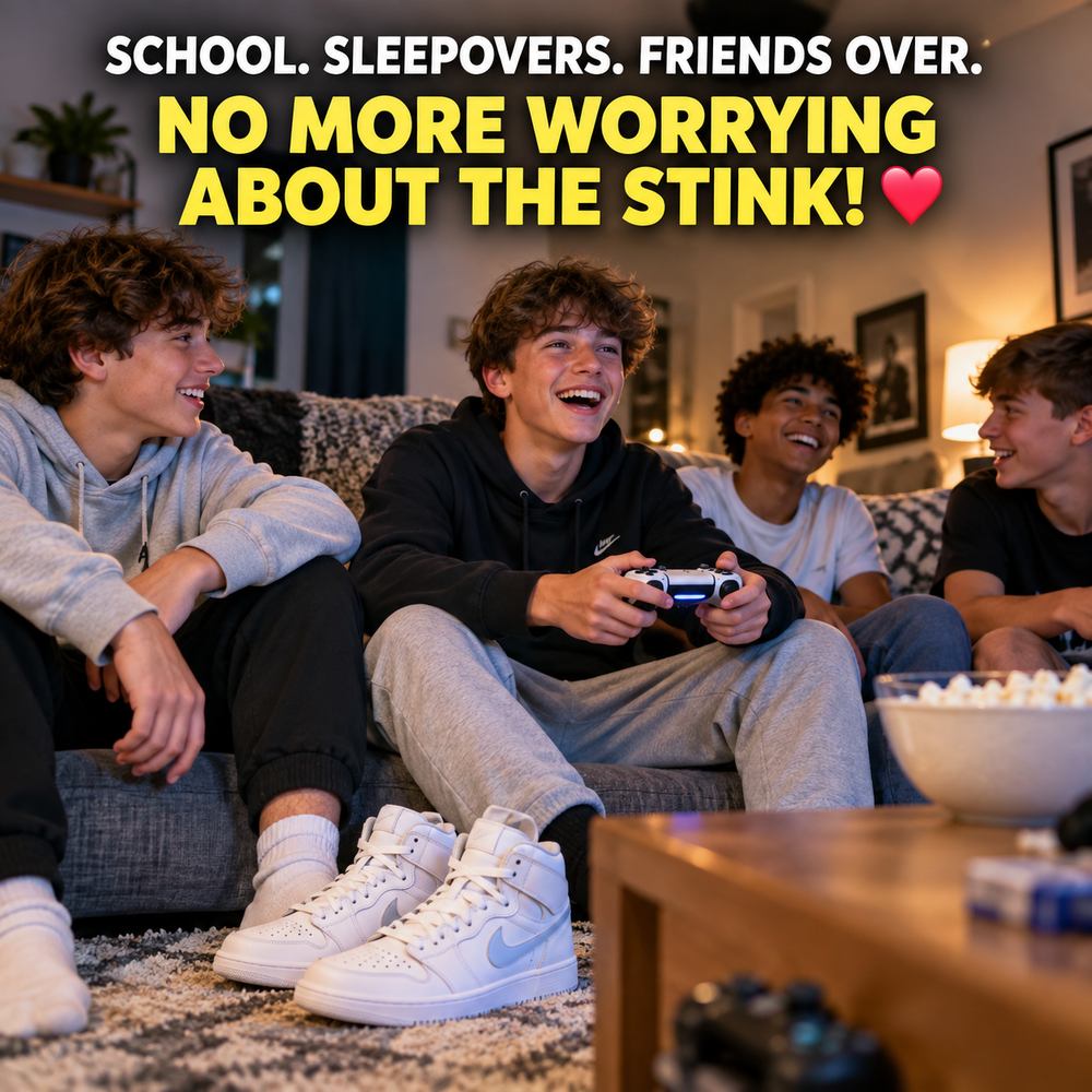 Four teenage boys laughing on the couch playing video games, with a clean pair of white sneakers on the rug beside them